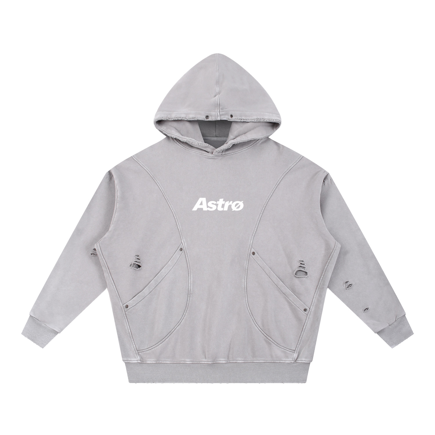 Snow Washed Distressed Panel Pocket Hoodie