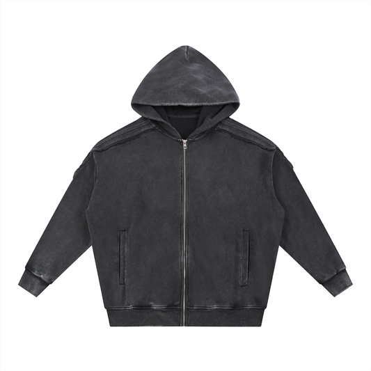 Snow Washed Tape Raw Edge Zip Hoodie